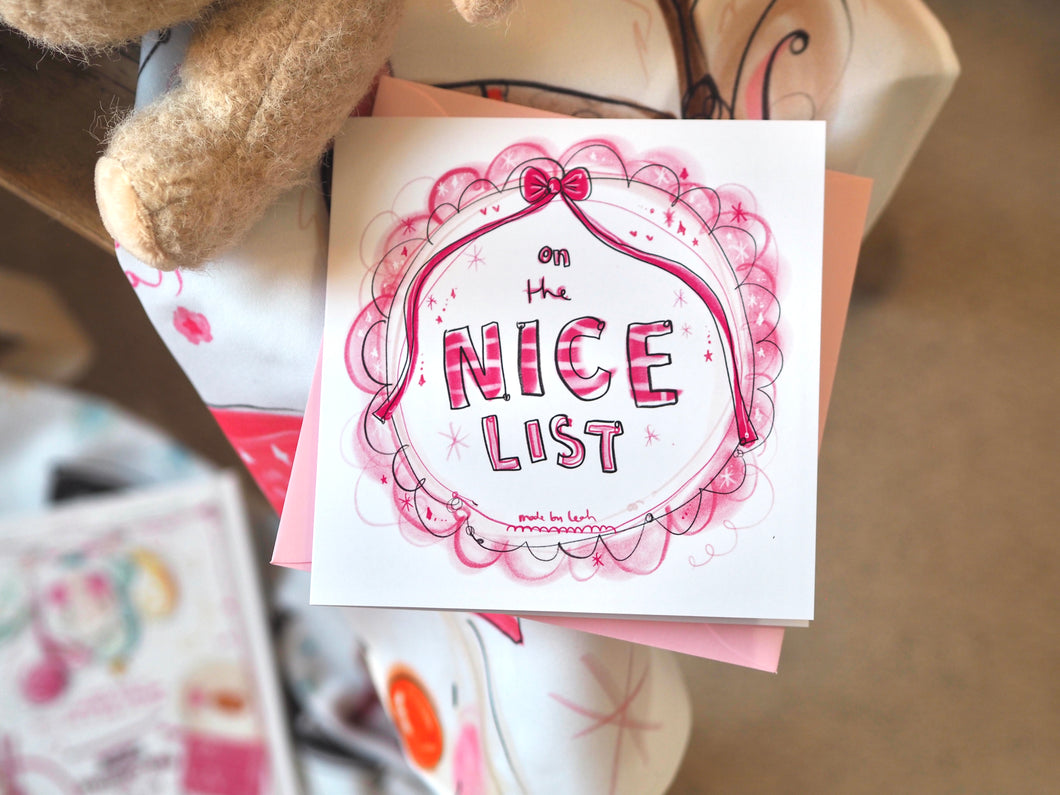 Square Pink ‘NICE LIST’ Rosette Card