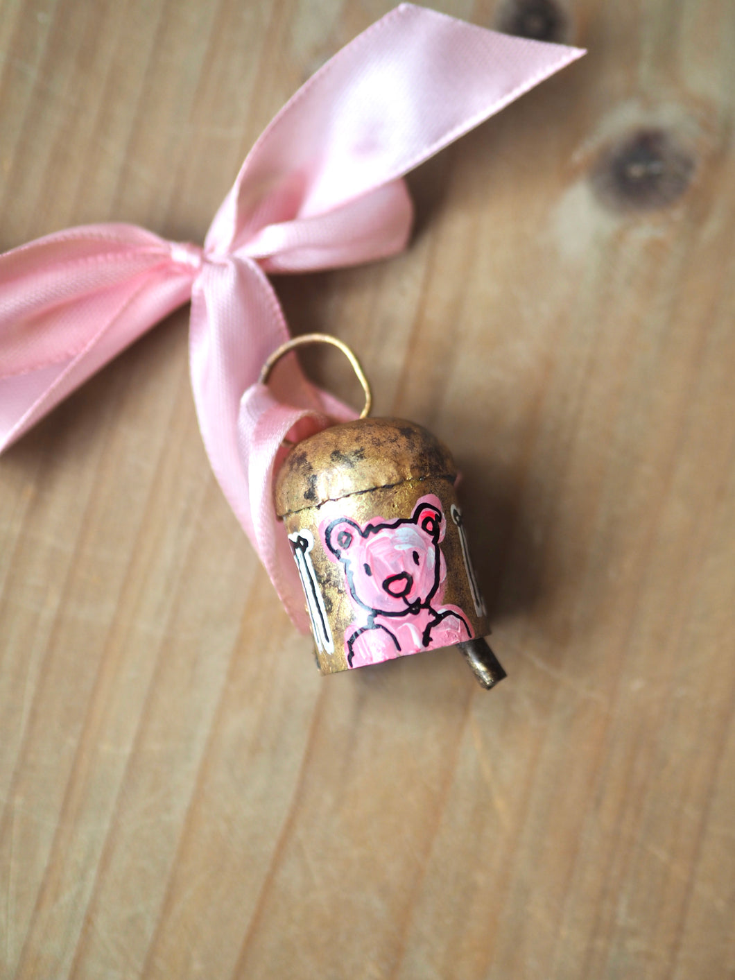 Hand Painted Dinky Brass Bell ‘Pink Bear’