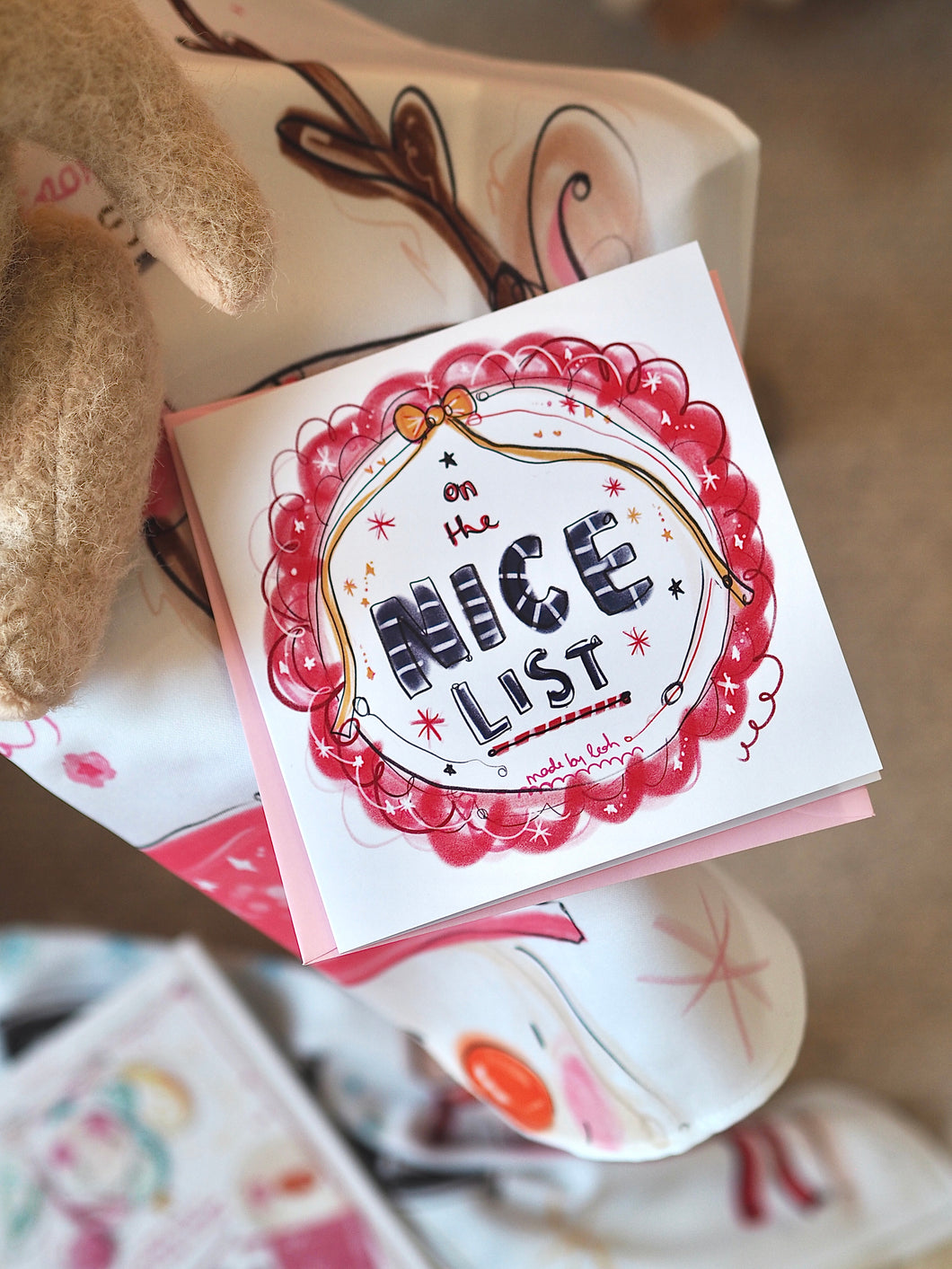 Square Red ‘NICE LIST’ Rosette Card