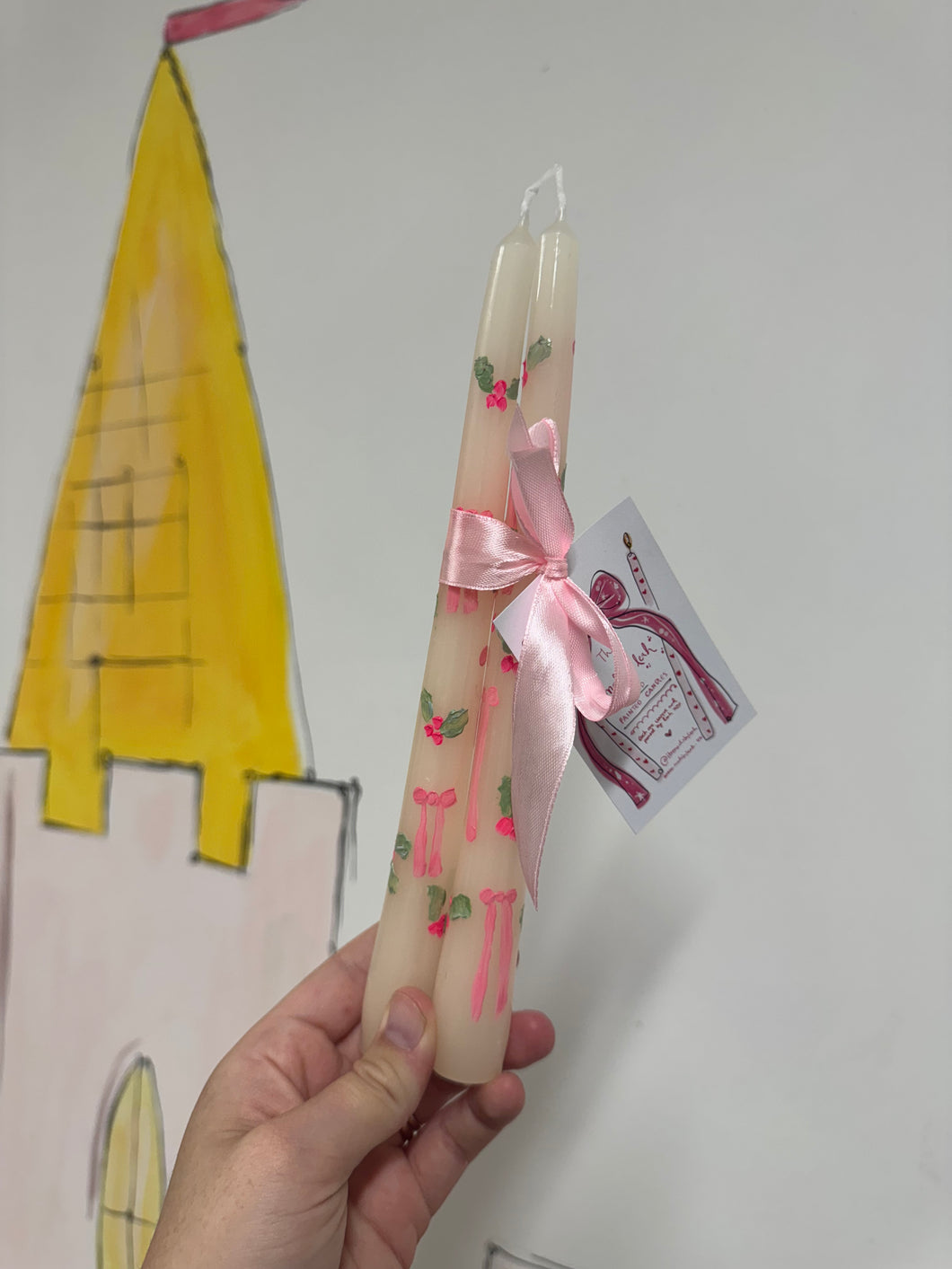 Christmas Hand Painted Candle Stick Duo 8 ‘Holly Bows’