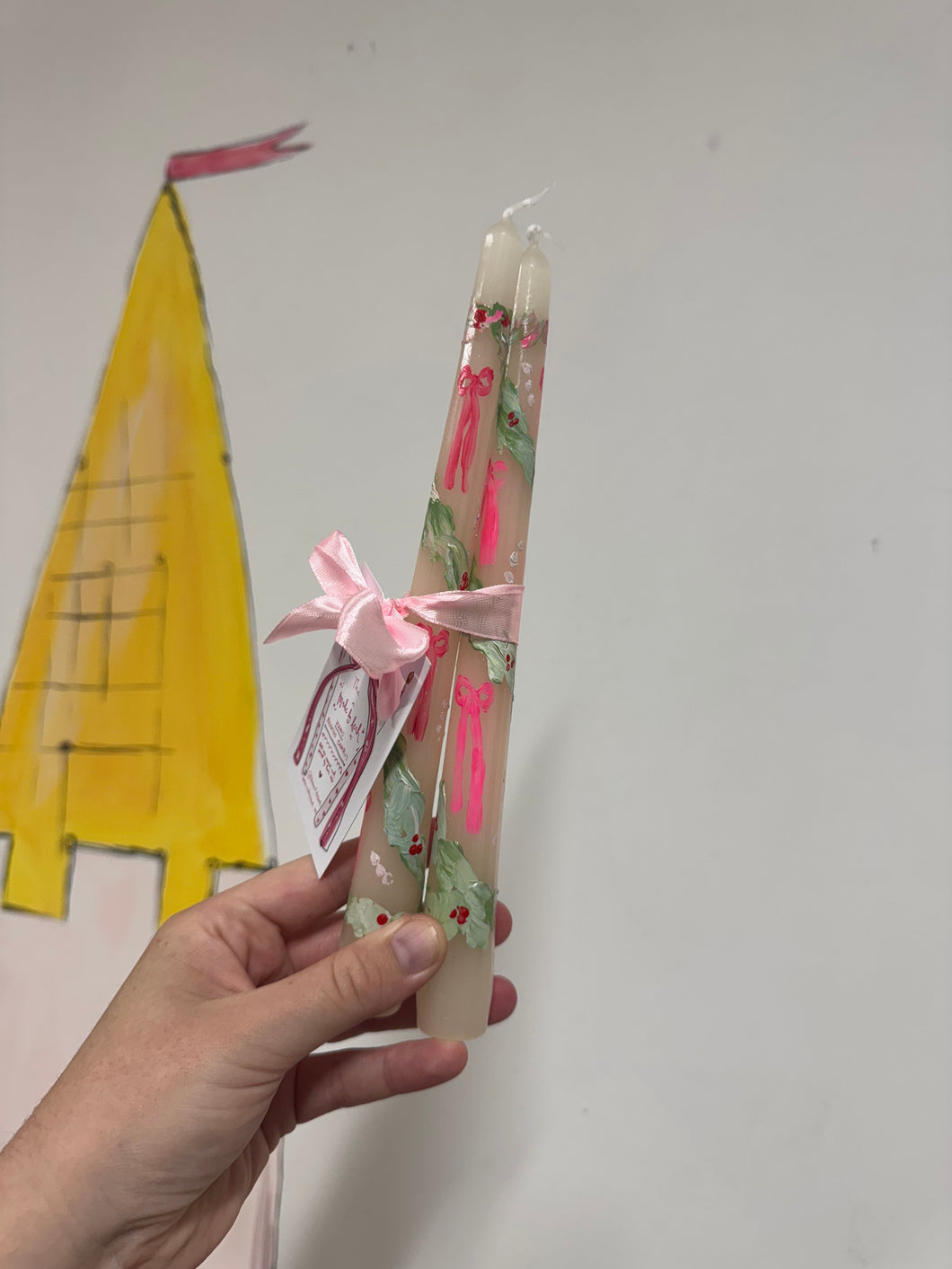 Christmas Hand Painted Candle Stick Duo 5 ‘Bows & Greenery’