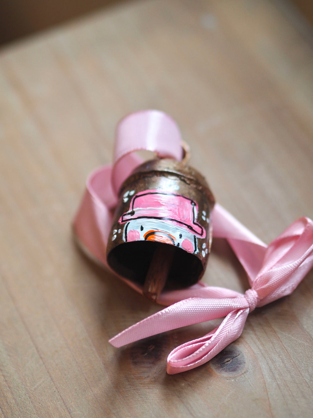 Hand Painted Brass Bell 6 ‘Pink Hat Snowman’