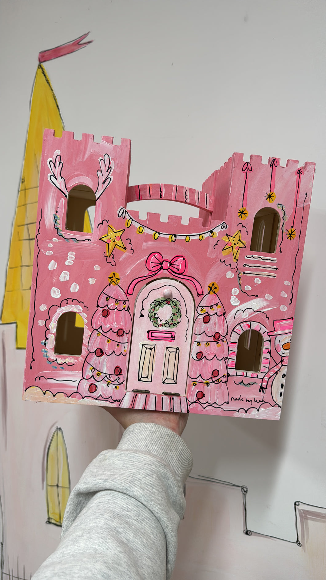 The Hand Painted Wooden Castle Dolls House ‘The Pink Christmas Castle’
