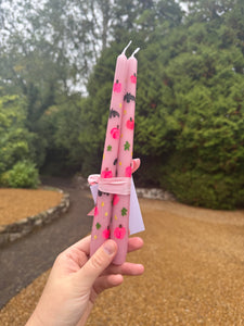 Hand Painted Candle Stick Duo “Bats and Pink Pumpkins”
