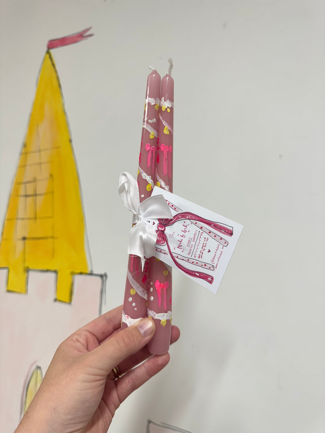 Christmas Hand Painted Candle Stick Duo 9 ‘Bows & Lights’