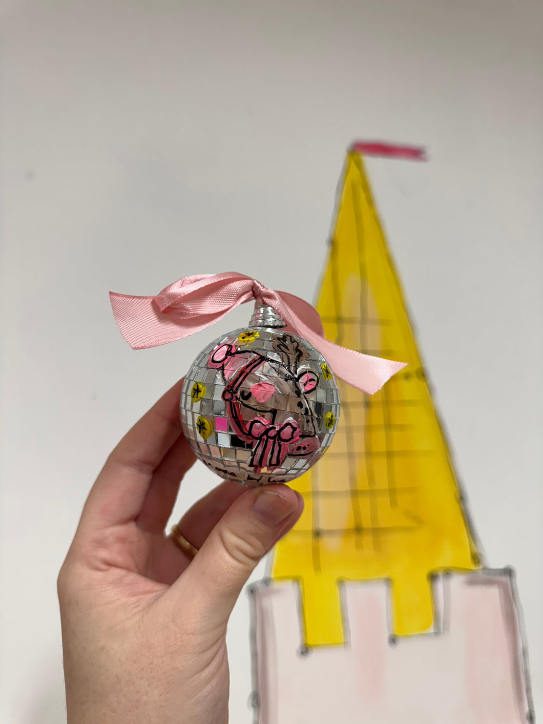 Disco Ball Hanging Bauble ‘Pink Bow Reindeer’
