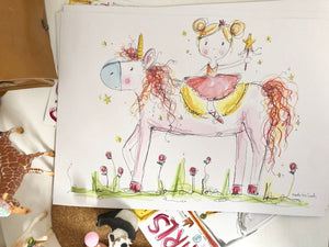 Girl Riding Pink Unicorn Art Print